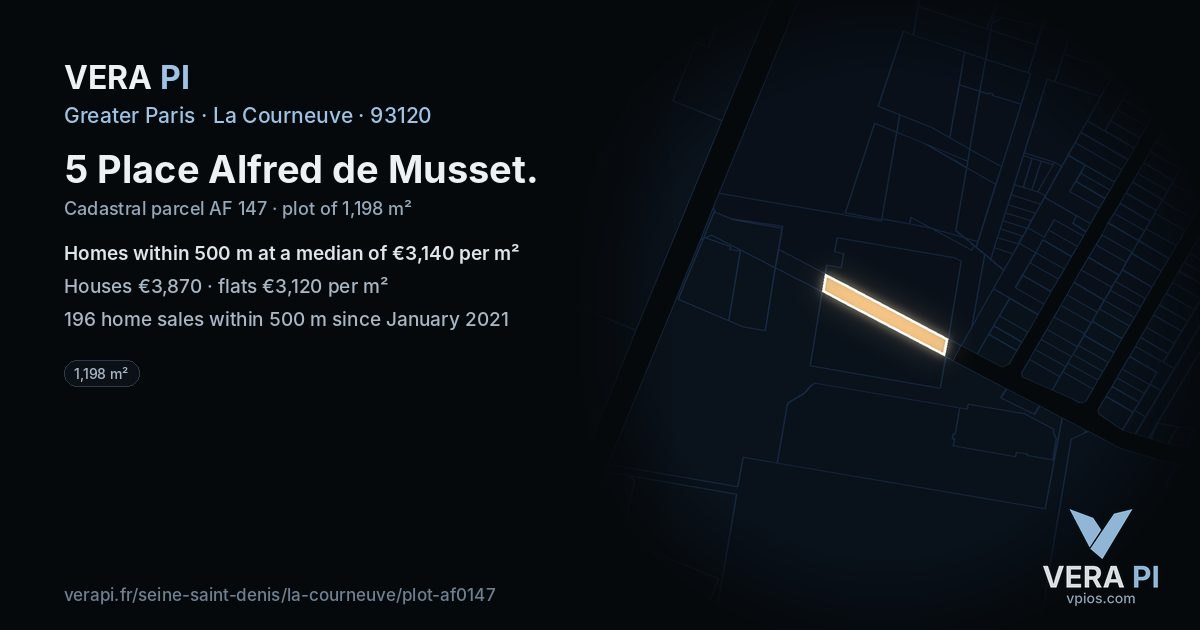 5 Place Alfred de Musset, La Courneuve at night – the plot lit, the parcels around coloured by the prices near them