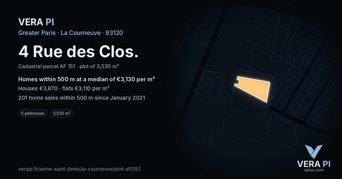 4 Rue des Clos, La Courneuve at night – the plot lit, the parcels around coloured by the prices near them