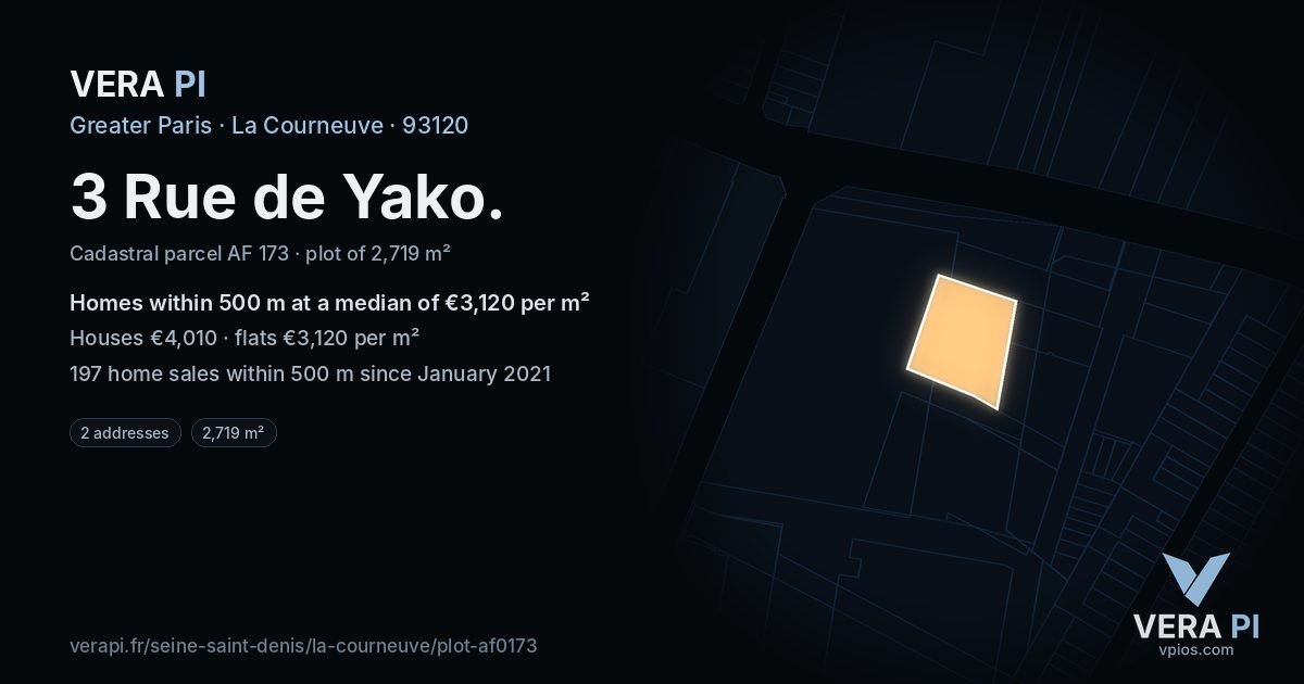 3 Rue de Yako, La Courneuve at night – the plot lit, the parcels around coloured by the prices near them