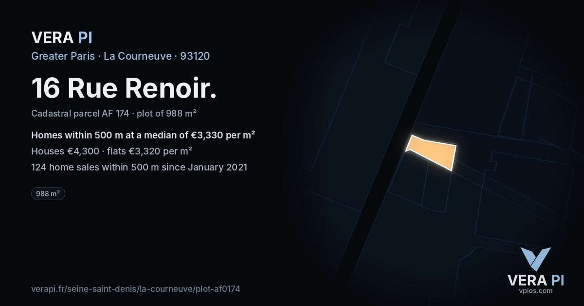 16 Rue Renoir, La Courneuve at night – the plot lit, the parcels around coloured by the prices near them