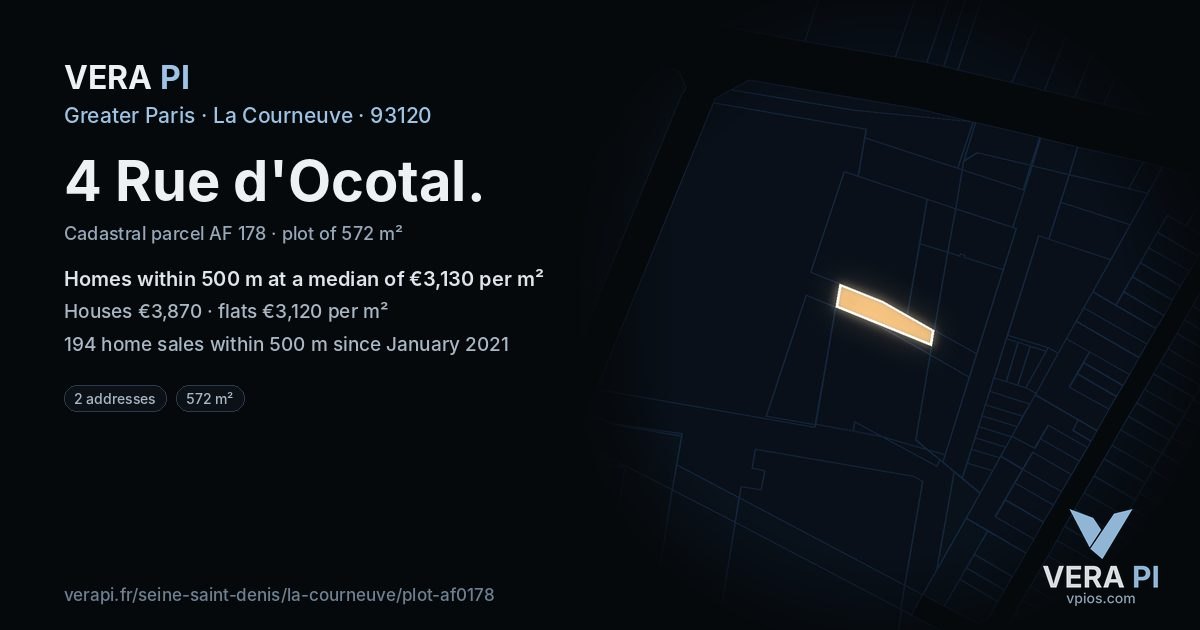 4 Rue d'Ocotal, La Courneuve at night – the plot lit, the parcels around coloured by the prices near them