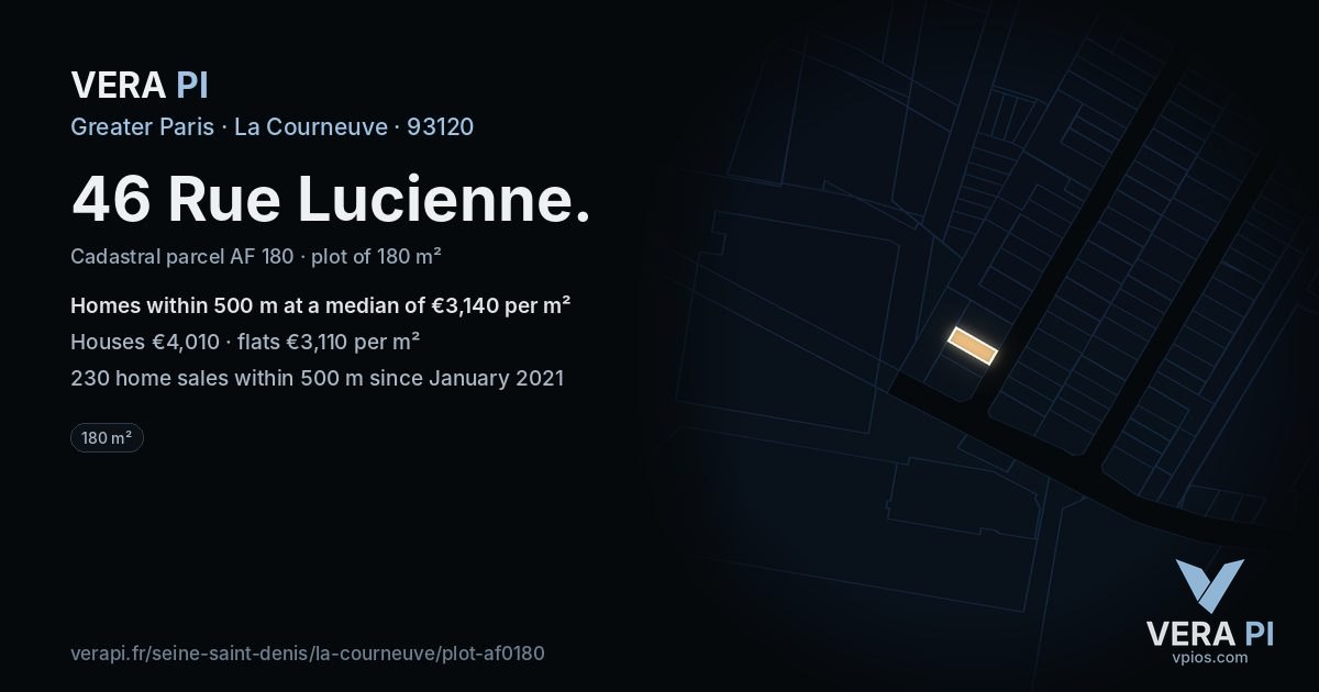 46 Rue Lucienne, La Courneuve at night – the plot lit, the parcels around coloured by the prices near them