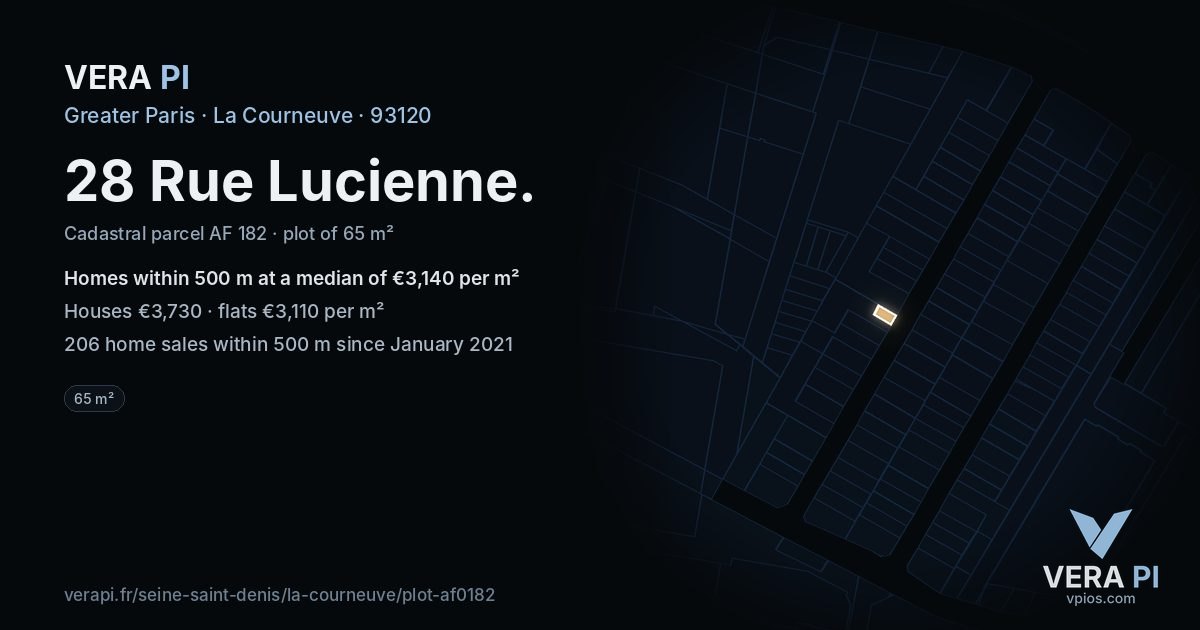 28 Rue Lucienne, La Courneuve at night – the plot lit, the parcels around coloured by the prices near them