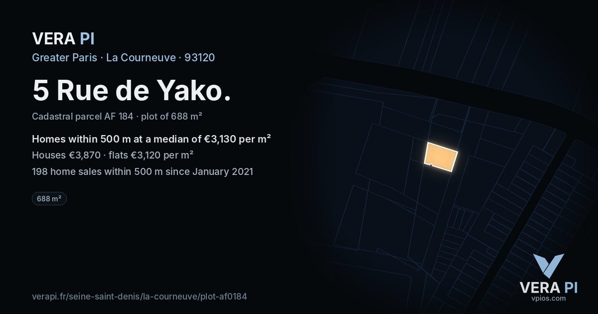 5 Rue de Yako, La Courneuve at night – the plot lit, the parcels around coloured by the prices near them