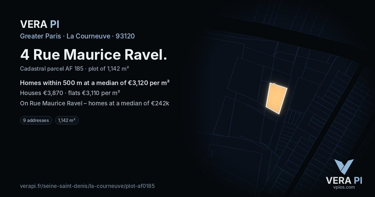 4 Rue Maurice Ravel, La Courneuve at night – the plot lit, the parcels around coloured by the prices near them