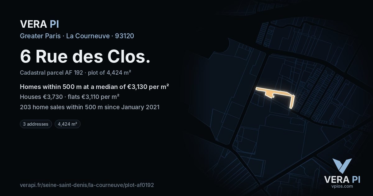 6 Rue des Clos, La Courneuve at night – the plot lit, the parcels around coloured by the prices near them