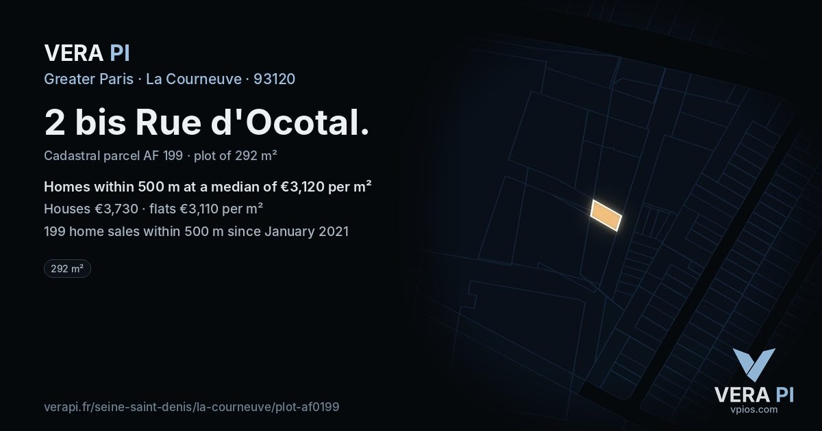 2 bis Rue d'Ocotal, La Courneuve at night – the plot lit, the parcels around coloured by the prices near them