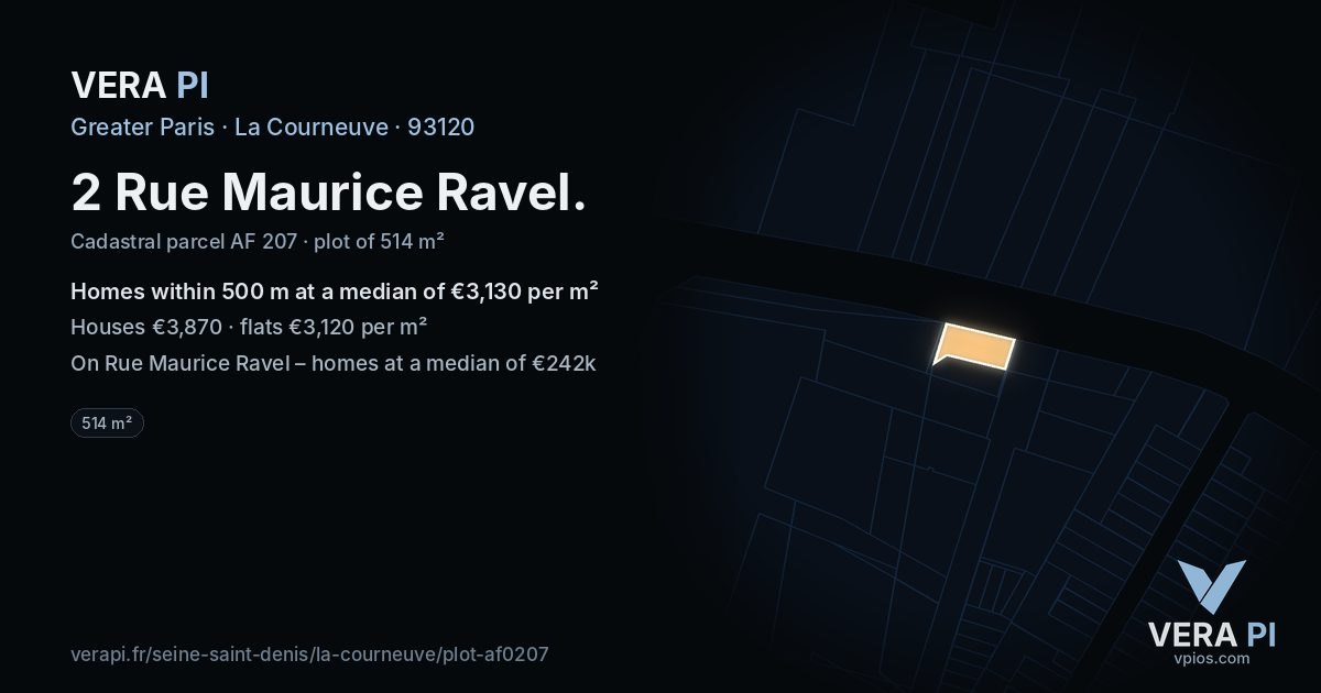 2 Rue Maurice Ravel, La Courneuve at night – the plot lit, the parcels around coloured by the prices near them