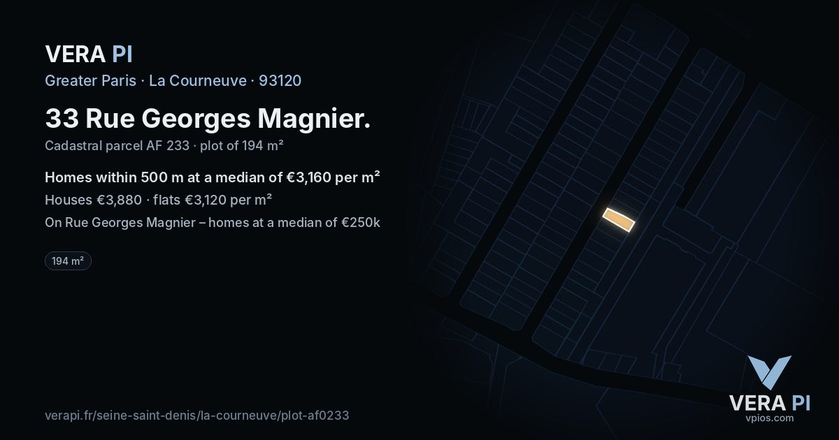 33 Rue Georges Magnier, La Courneuve at night – the plot lit, the parcels around coloured by the prices near them