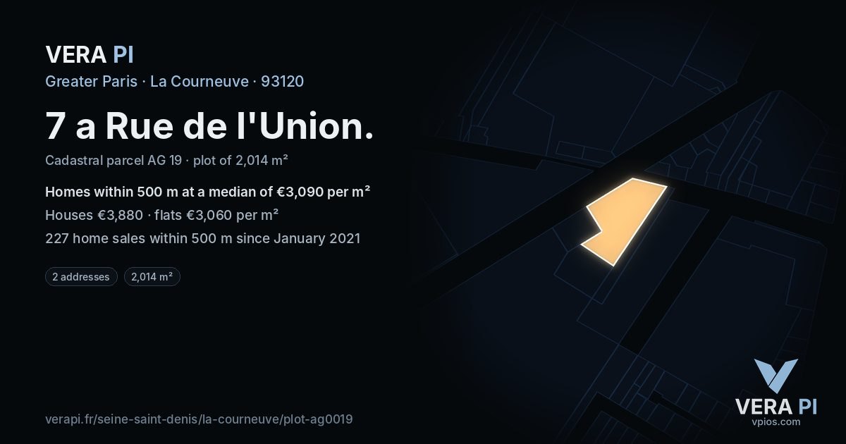 7 a Rue de l'Union, La Courneuve at night – the plot lit, the parcels around coloured by the prices near them