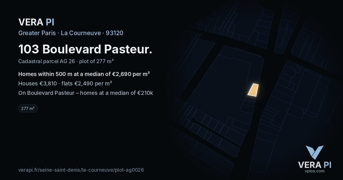 103 Boulevard Pasteur, La Courneuve at night – the plot lit, the parcels around coloured by the prices near them