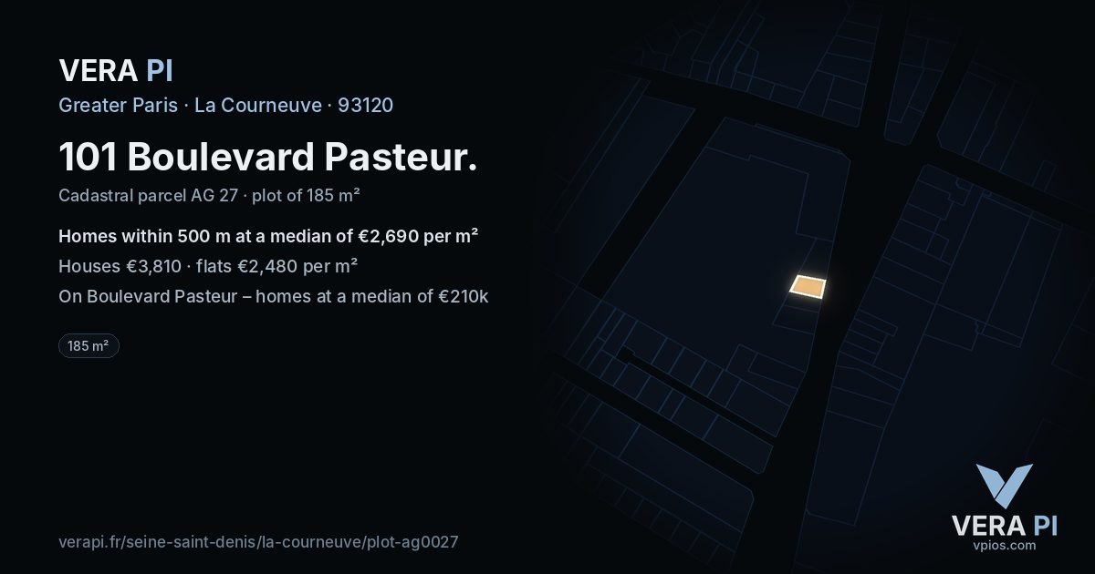 101 Boulevard Pasteur, La Courneuve at night – the plot lit, the parcels around coloured by the prices near them