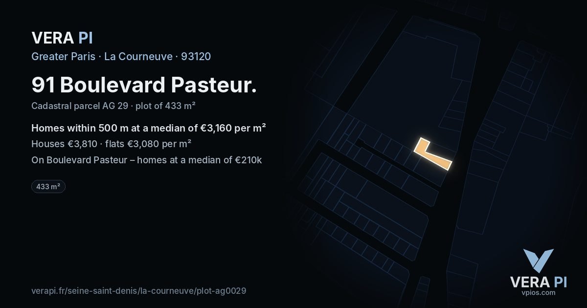 91 Boulevard Pasteur, La Courneuve at night – the plot lit, the parcels around coloured by the prices near them