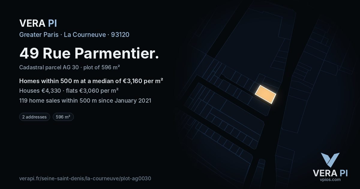 49 Rue Parmentier, La Courneuve at night – the plot lit, the parcels around coloured by the prices near them