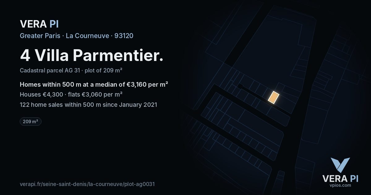 4 Villa Parmentier, La Courneuve at night – the plot lit, the parcels around coloured by the prices near them