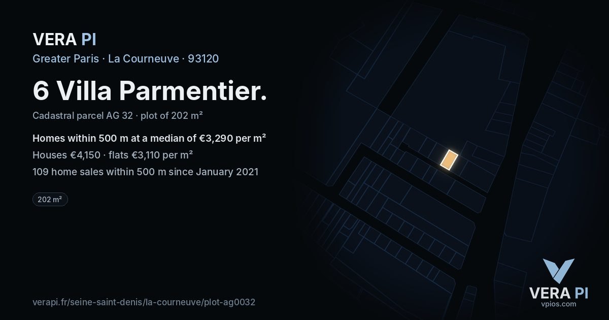 6 Villa Parmentier, La Courneuve at night – the plot lit, the parcels around coloured by the prices near them