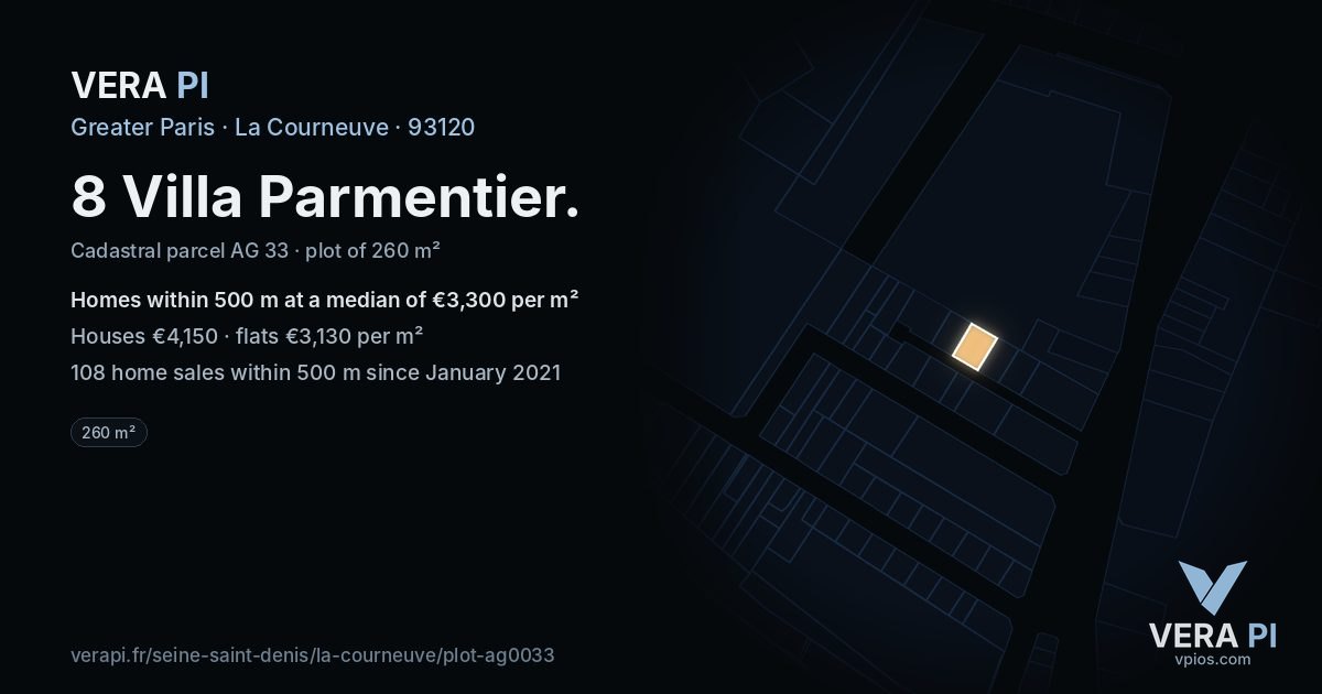 8 Villa Parmentier, La Courneuve at night – the plot lit, the parcels around coloured by the prices near them
