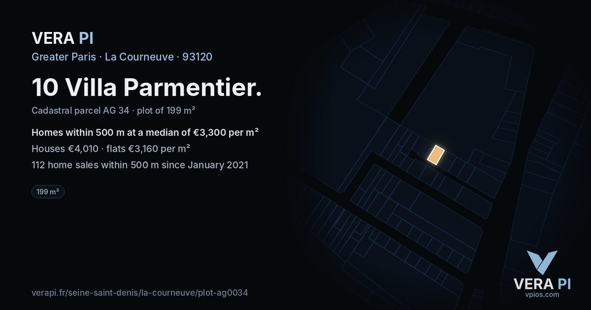 10 Villa Parmentier, La Courneuve at night – the plot lit, the parcels around coloured by the prices near them