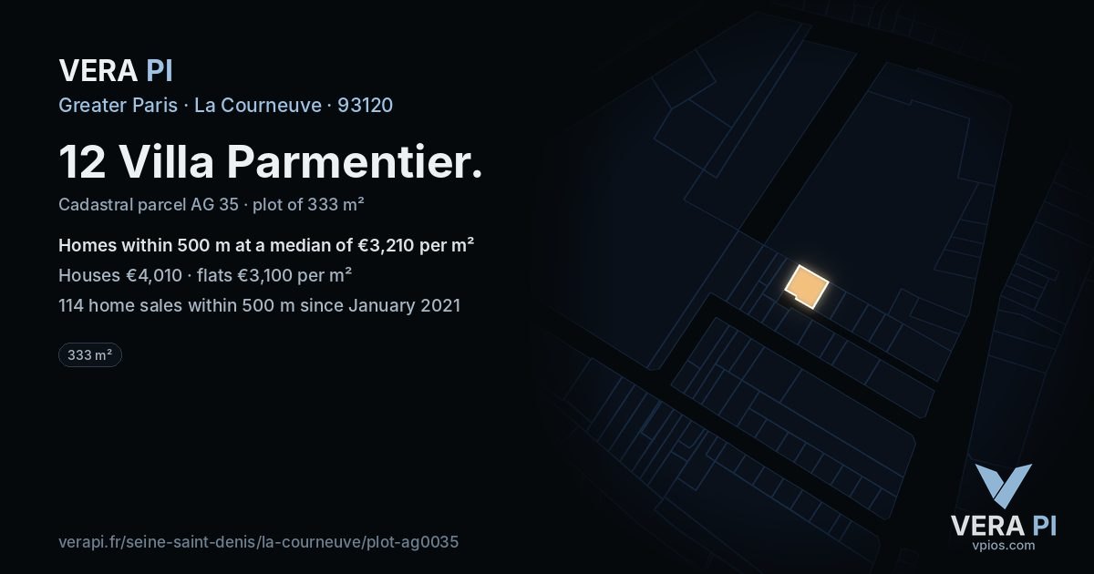 12 Villa Parmentier, La Courneuve at night – the plot lit, the parcels around coloured by the prices near them