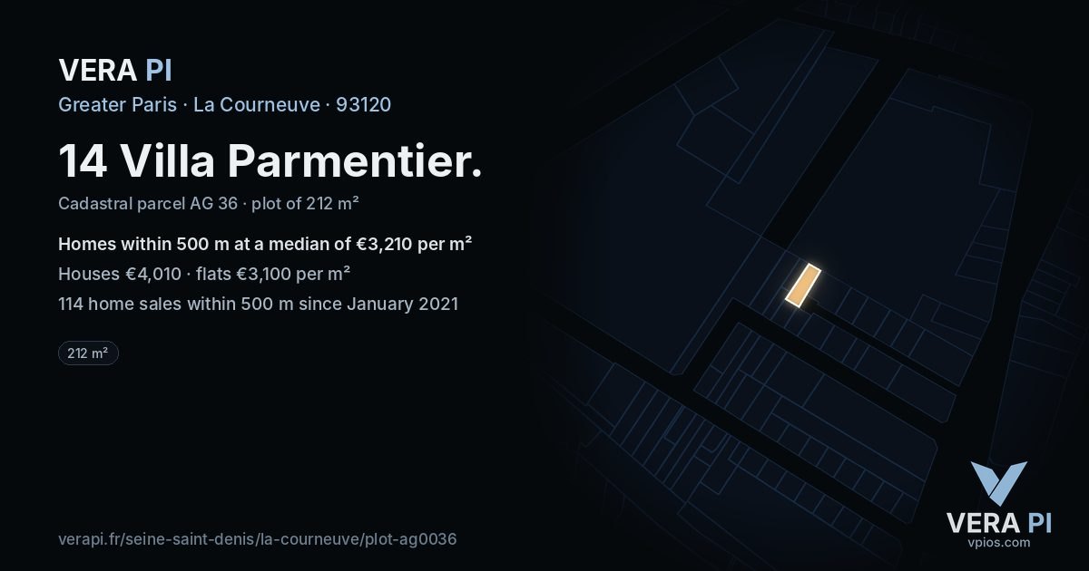 14 Villa Parmentier, La Courneuve at night – the plot lit, the parcels around coloured by the prices near them