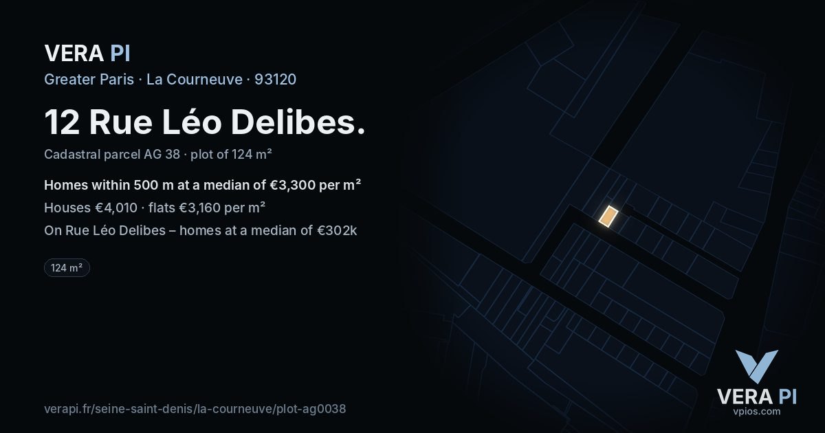 12 Rue Léo Delibes, La Courneuve at night – the plot lit, the parcels around coloured by the prices near them