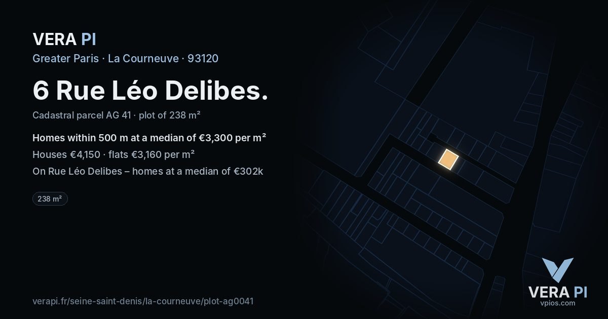 6 Rue Léo Delibes, La Courneuve at night – the plot lit, the parcels around coloured by the prices near them