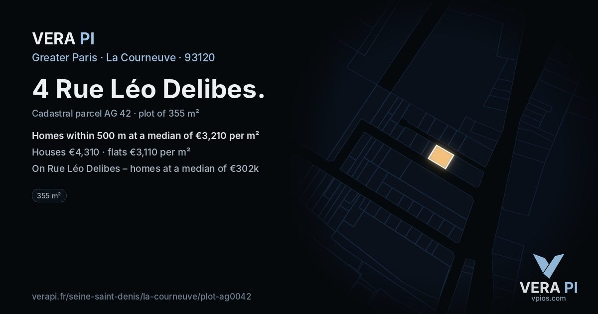 4 Rue Léo Delibes, La Courneuve at night – the plot lit, the parcels around coloured by the prices near them
