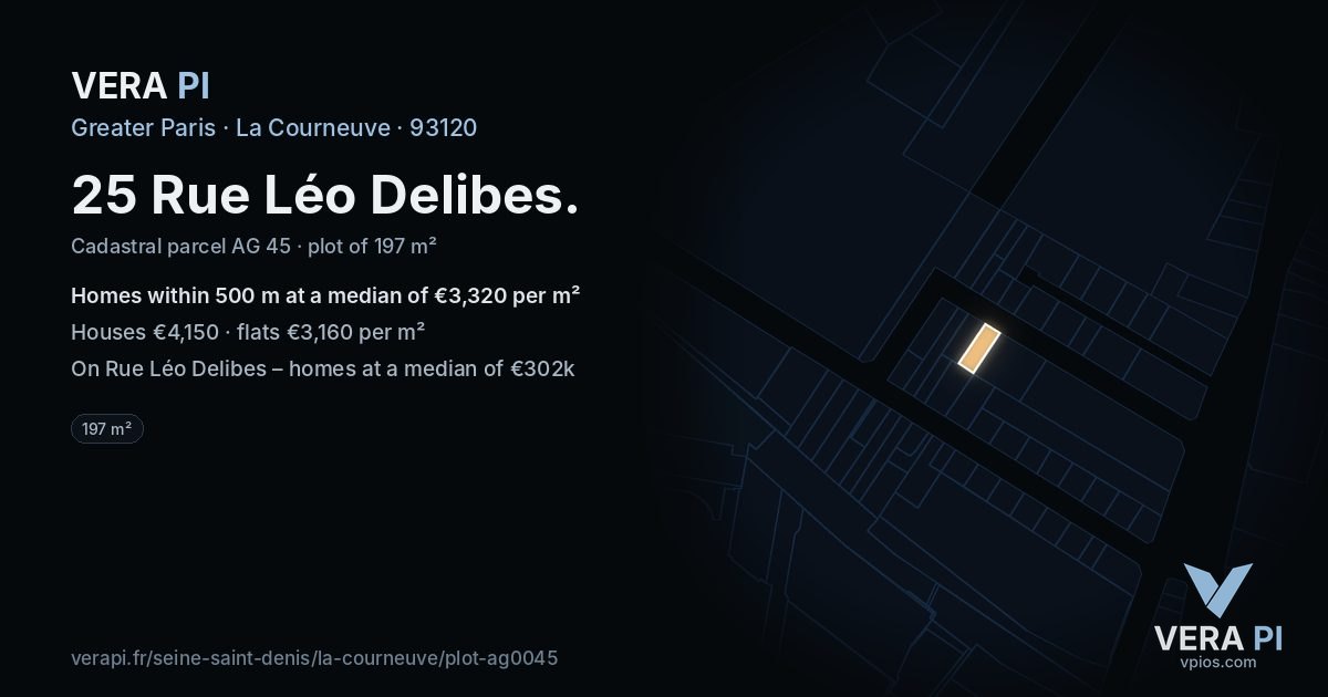 25 Rue Léo Delibes, La Courneuve at night – the plot lit, the parcels around coloured by the prices near them