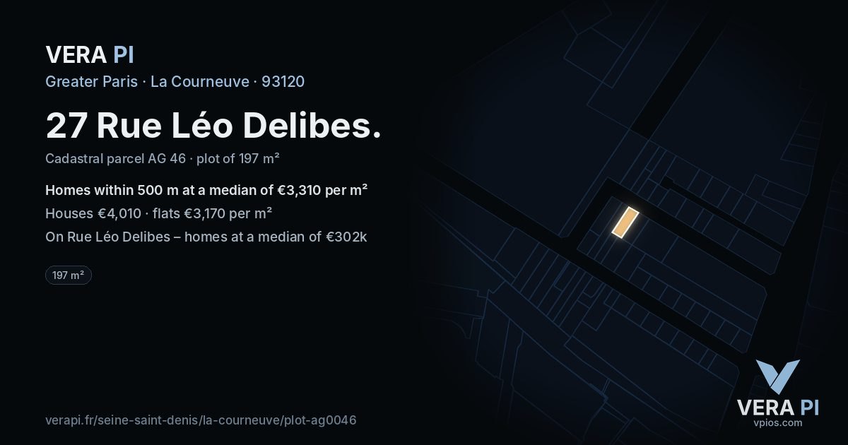 27 Rue Léo Delibes, La Courneuve at night – the plot lit, the parcels around coloured by the prices near them