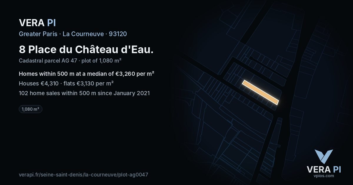 8 Place du Château d'Eau, La Courneuve at night – the plot lit, the parcels around coloured by the prices near them