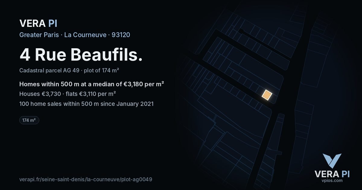 4 Rue Beaufils, La Courneuve at night – the plot lit, the parcels around coloured by the prices near them