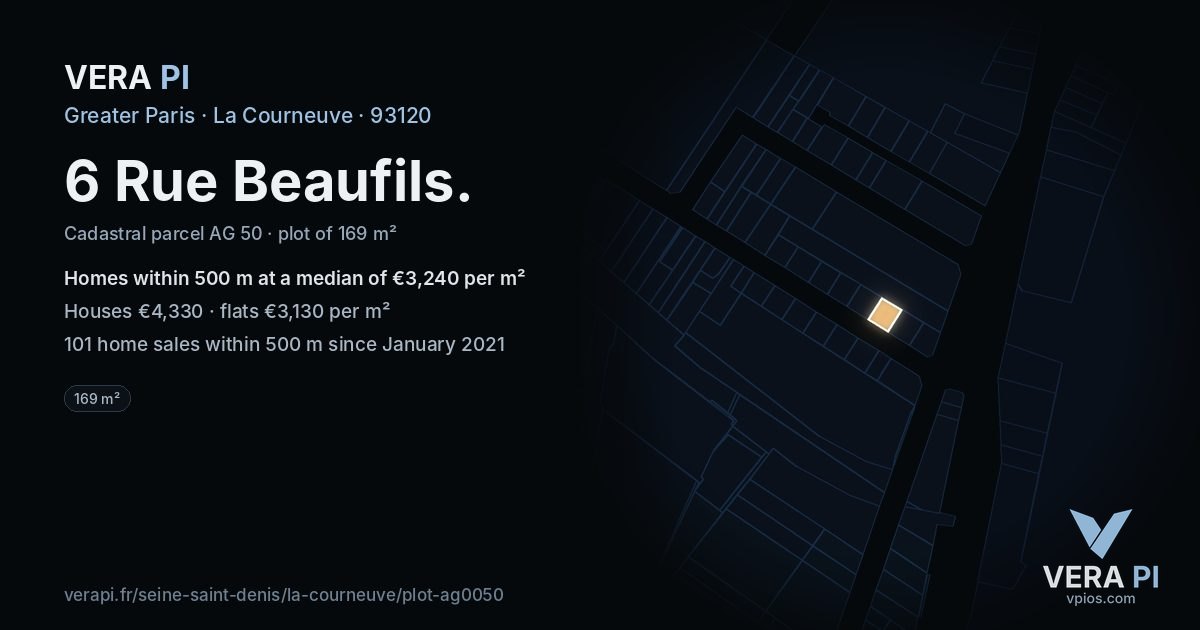6 Rue Beaufils, La Courneuve at night – the plot lit, the parcels around coloured by the prices near them