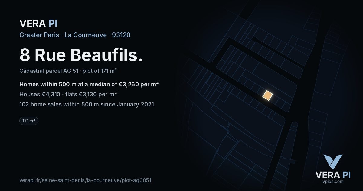 8 Rue Beaufils, La Courneuve at night – the plot lit, the parcels around coloured by the prices near them