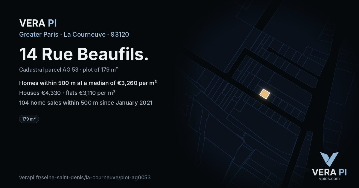 14 Rue Beaufils, La Courneuve at night – the plot lit, the parcels around coloured by the prices near them