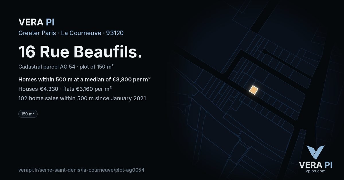 16 Rue Beaufils, La Courneuve at night – the plot lit, the parcels around coloured by the prices near them