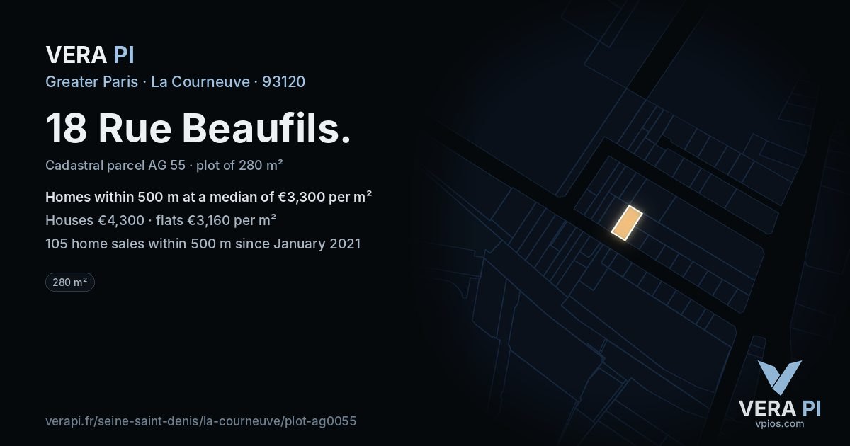 18 Rue Beaufils, La Courneuve at night – the plot lit, the parcels around coloured by the prices near them