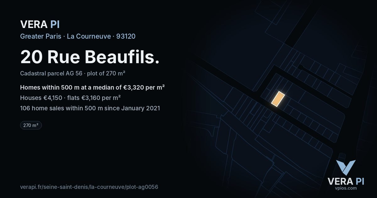 20 Rue Beaufils, La Courneuve at night – the plot lit, the parcels around coloured by the prices near them