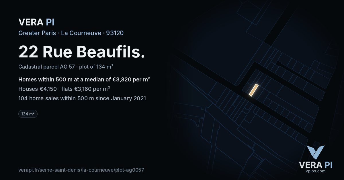 22 Rue Beaufils, La Courneuve at night – the plot lit, the parcels around coloured by the prices near them