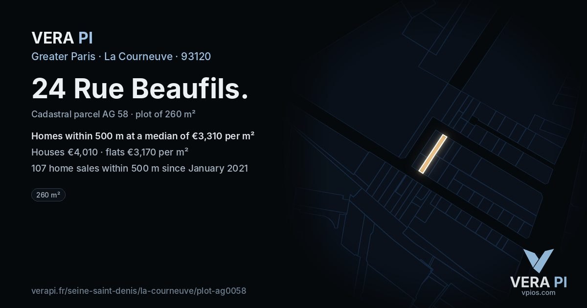 24 Rue Beaufils, La Courneuve at night – the plot lit, the parcels around coloured by the prices near them