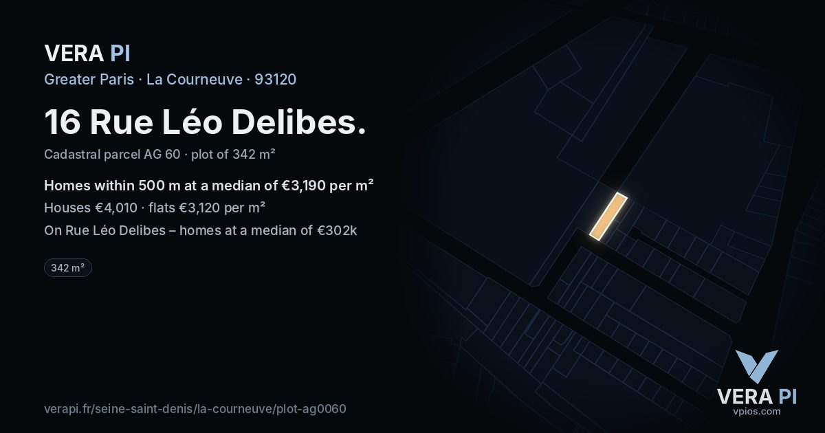 16 Rue Léo Delibes, La Courneuve at night – the plot lit, the parcels around coloured by the prices near them