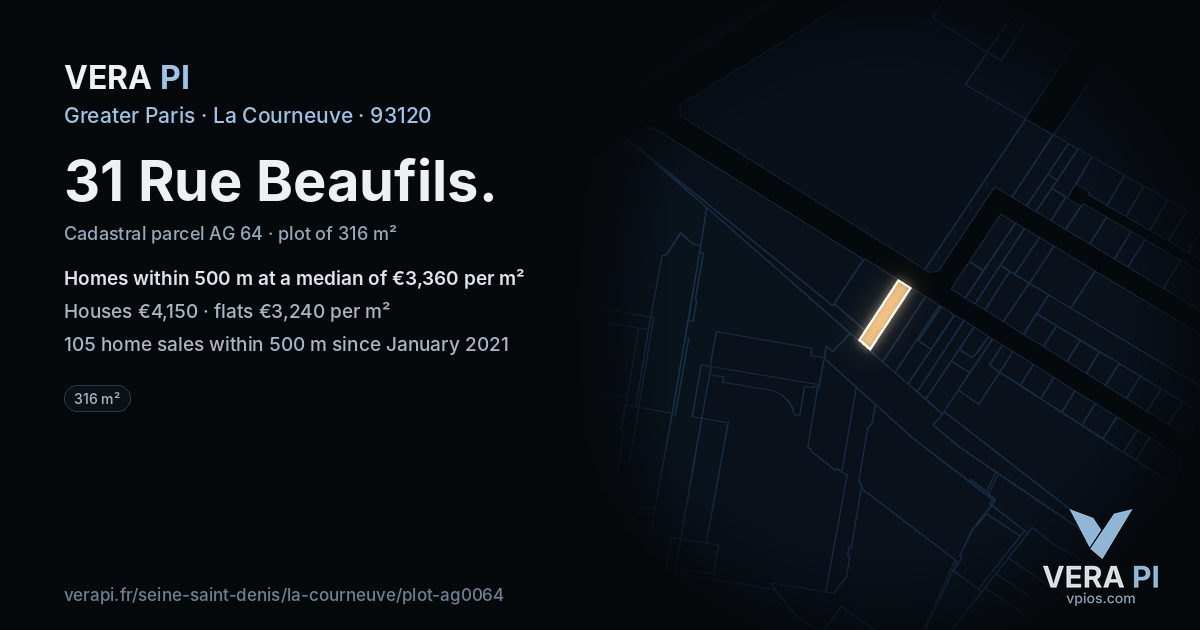 31 Rue Beaufils, La Courneuve at night – the plot lit, the parcels around coloured by the prices near them