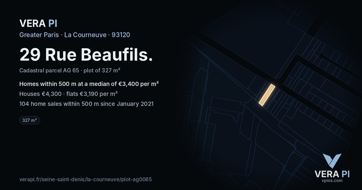 29 Rue Beaufils, La Courneuve at night – the plot lit, the parcels around coloured by the prices near them