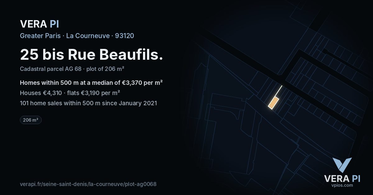 25 bis Rue Beaufils, La Courneuve at night – the plot lit, the parcels around coloured by the prices near them