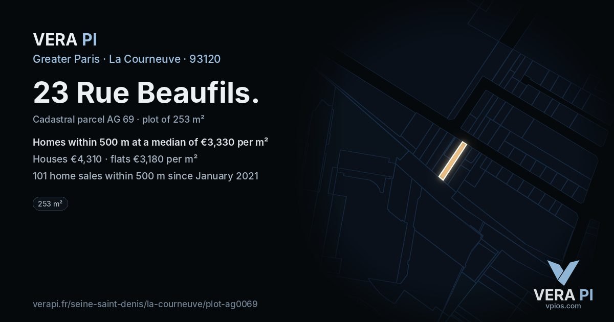 23 Rue Beaufils, La Courneuve at night – the plot lit, the parcels around coloured by the prices near them