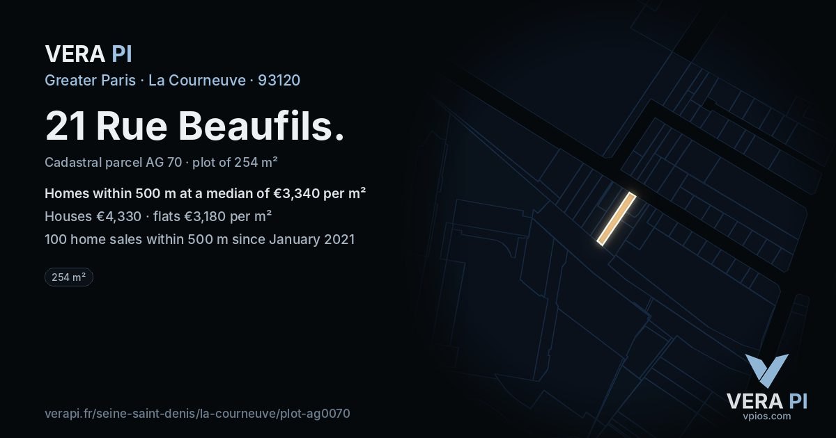 21 Rue Beaufils, La Courneuve at night – the plot lit, the parcels around coloured by the prices near them