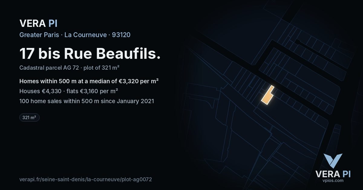 17 bis Rue Beaufils, La Courneuve at night – the plot lit, the parcels around coloured by the prices near them