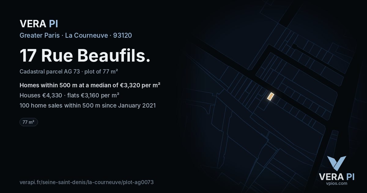 17 Rue Beaufils, La Courneuve at night – the plot lit, the parcels around coloured by the prices near them