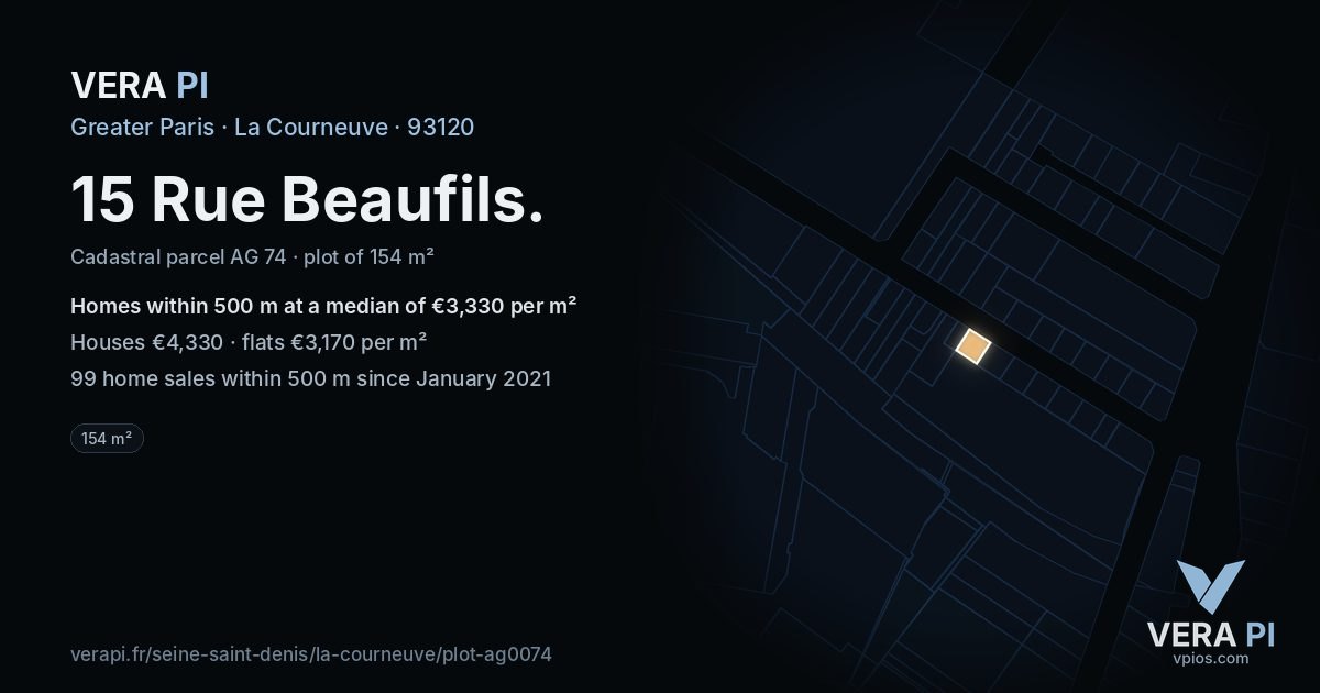 15 Rue Beaufils, La Courneuve at night – the plot lit, the parcels around coloured by the prices near them