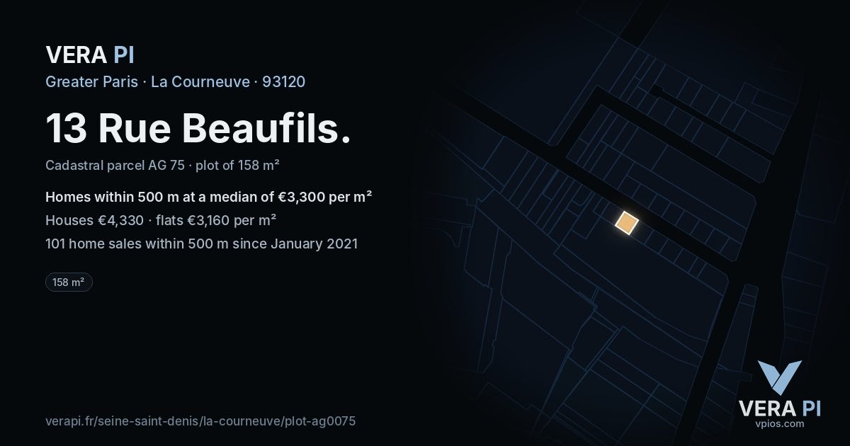 13 Rue Beaufils, La Courneuve at night – the plot lit, the parcels around coloured by the prices near them