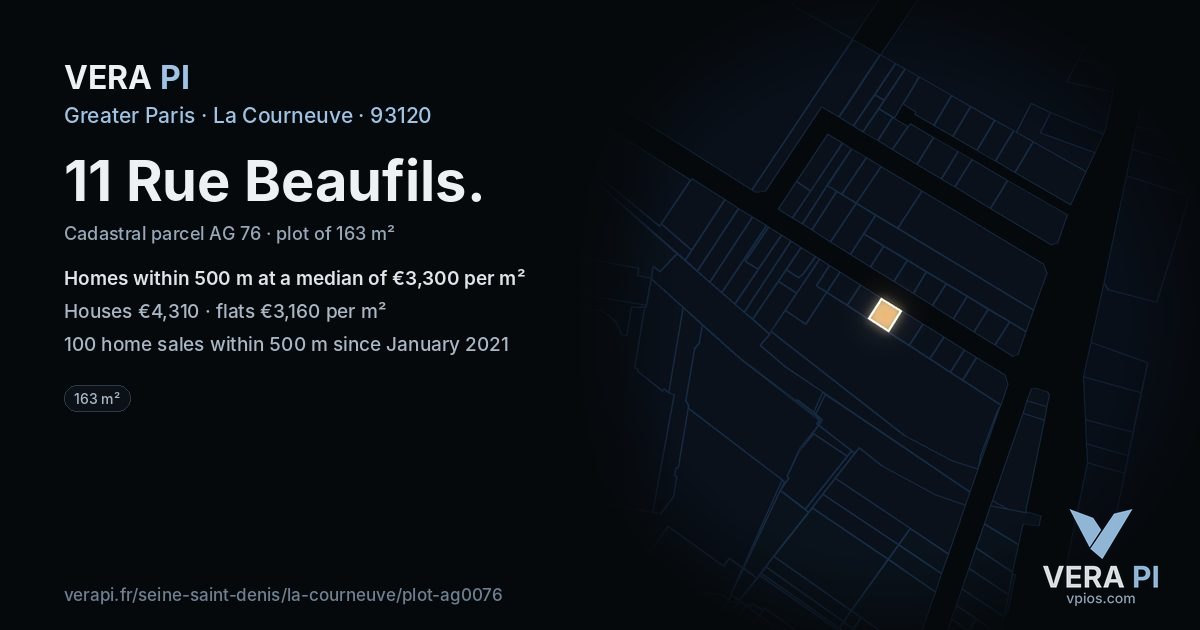 11 Rue Beaufils, La Courneuve at night – the plot lit, the parcels around coloured by the prices near them